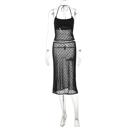 Trendy Polka Dot Sheer Halter Neck Bodycon Dress Set