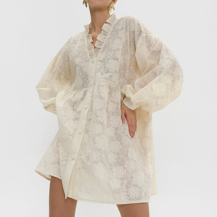 Flower Jacquard Lantern Sleeves Sweet Mini Dress