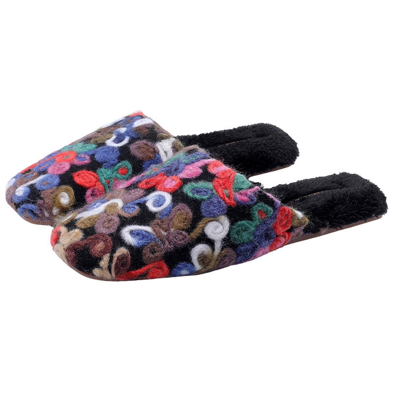 Flower Embroidery Soft Warm Plush Indoor Slippers