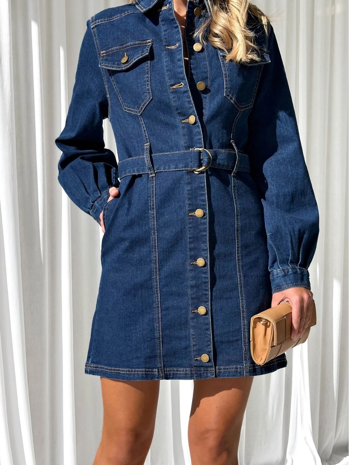Button-Up A-Line Denim Dress with Long Sleeves
