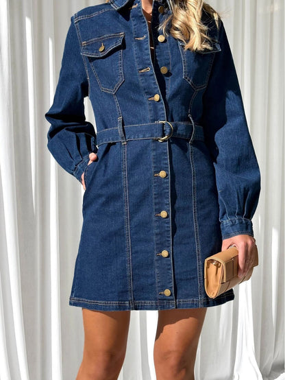 Button-Up A-Line Denim Dress with Long Sleeves