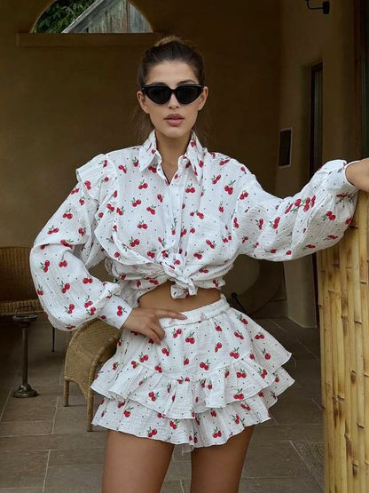 Cotton Floral Print Ruffle Sleeve Shirt & Shorts Set