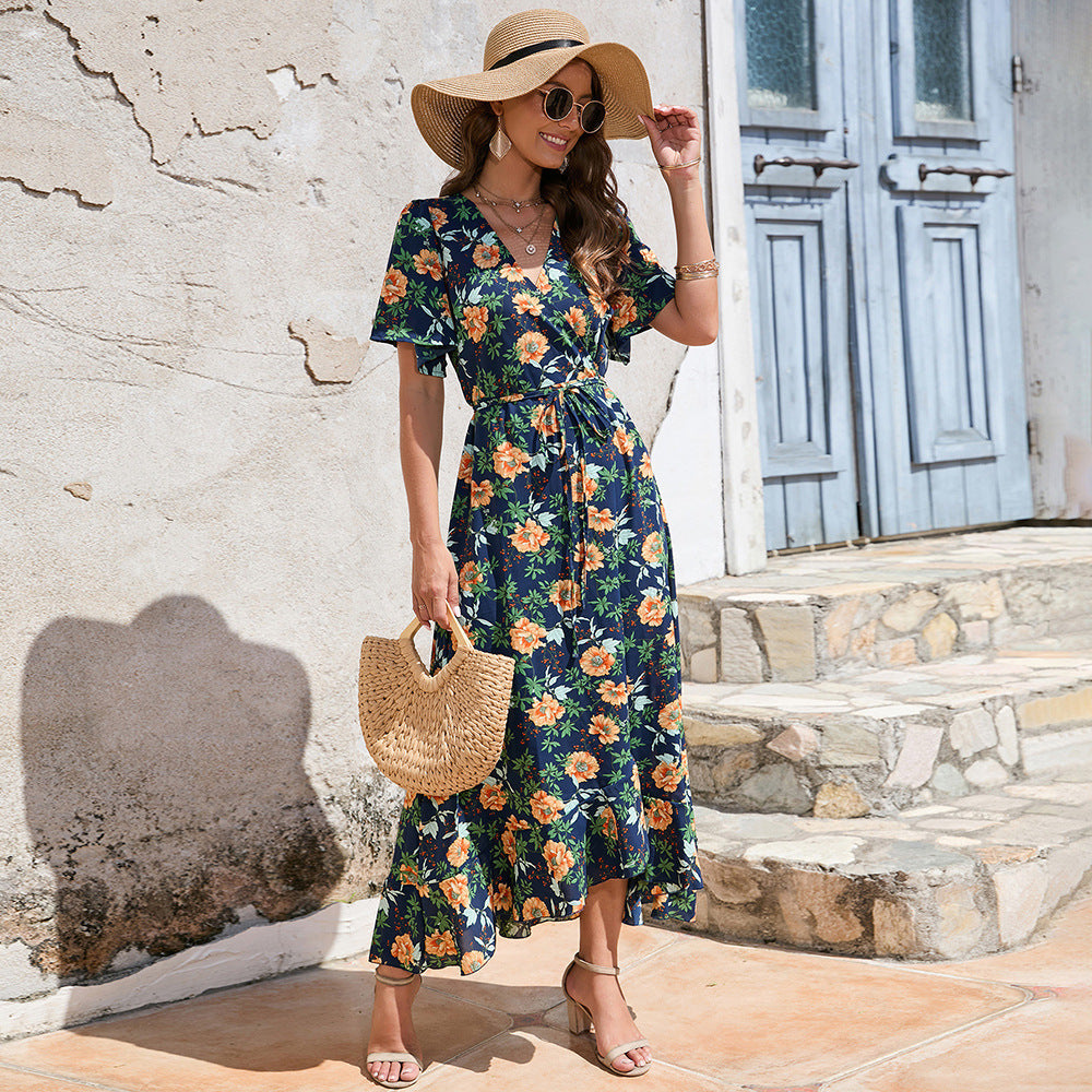 Stylish New Short Sleeve V-Neck Lace-Up Dress Seaside Resort Dress