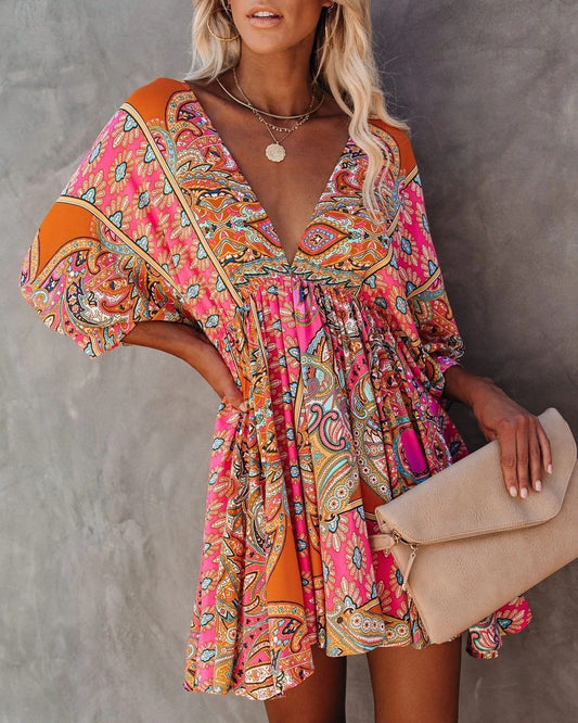 Sexy V-Neck Waist Printed Bohemian Dress