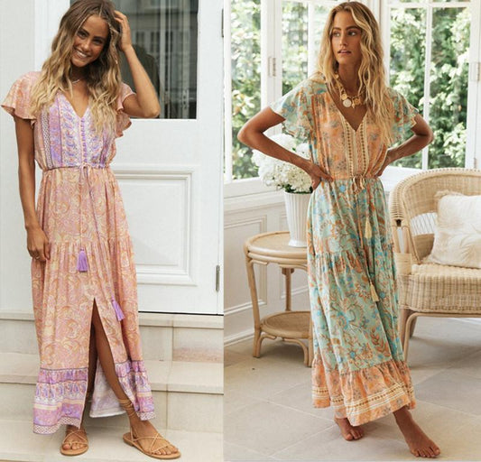 Women'S New Bohemian Holiday Long Skirt Positioning Flower Single-Breasted Dress