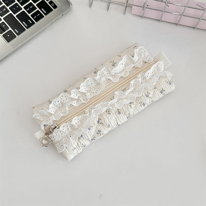 Lace Trim Cotton Quilted Pencil Pouch