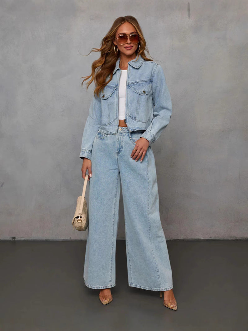 Casual Denim Jacket And Pants Set For Women