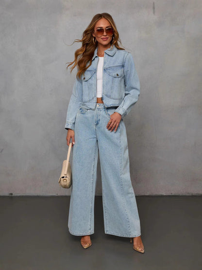 Casual Denim Jacket And Pants Set For Women
