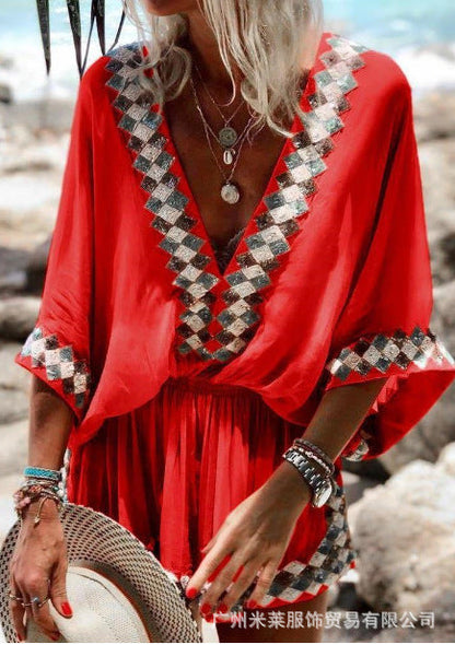 Floral Print Maxi Dress V-Neck Polyester Beachwear