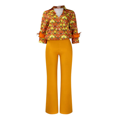 Elegant Printed Long Sleeve Shirt And Wide Leg Pants Set
