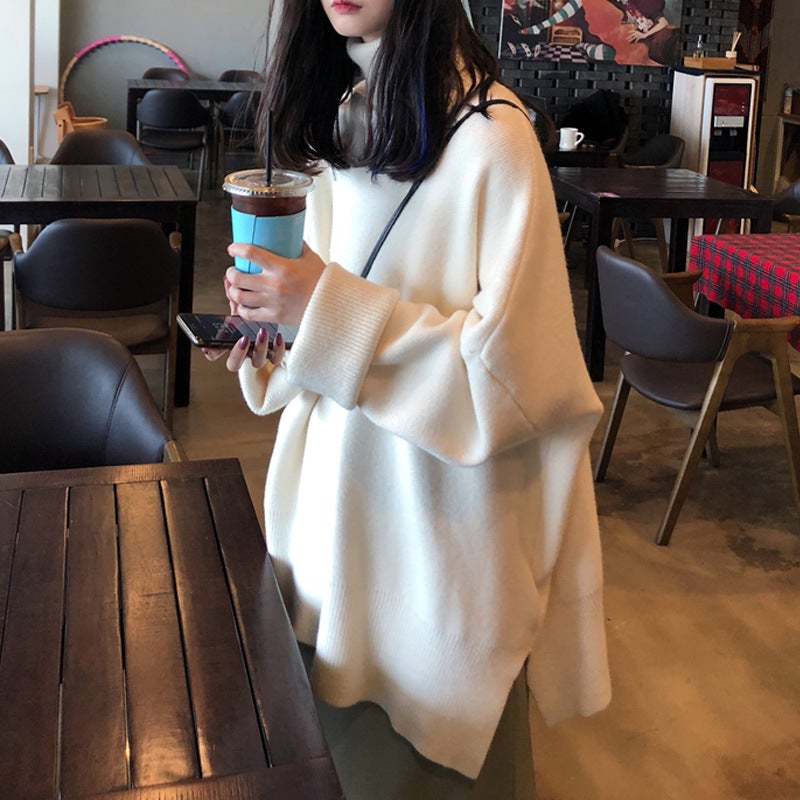 Black Turtleneck Sweater Women Fall/Winter Loose Pullover All-Match Solid Color Thick Outer Wear Sweater