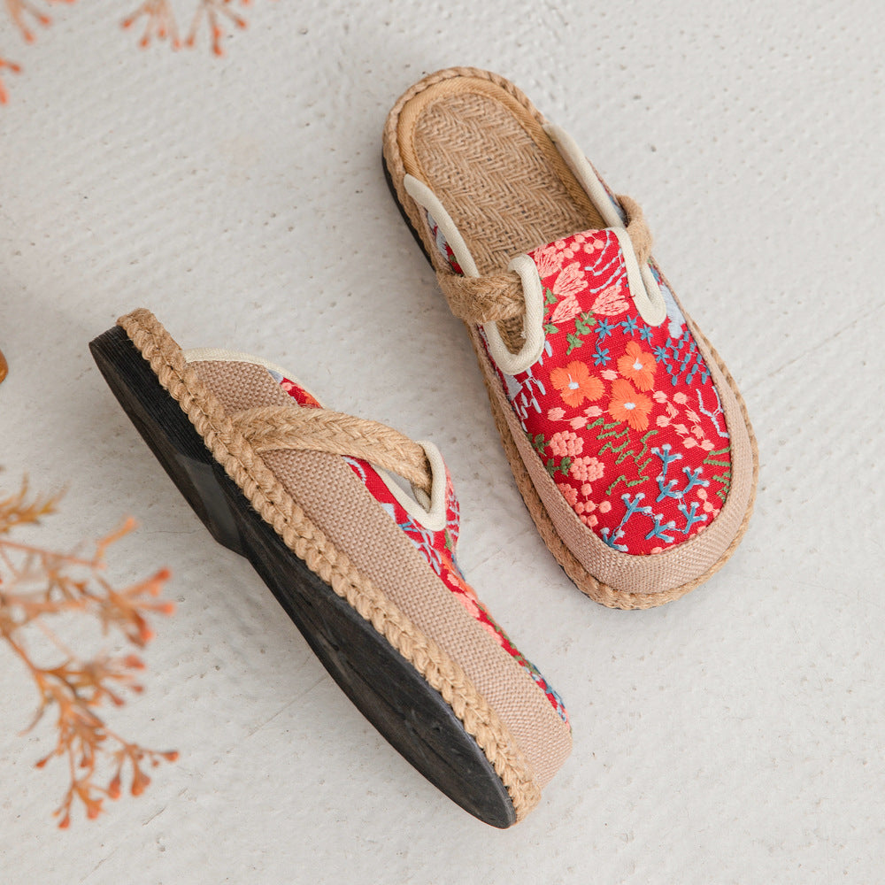 Spring And Summer New Cotton And Linen Slippers Women'S Ethnic Style Hand-Sewn Craft Bag Head Flat-Bottomed Slippers