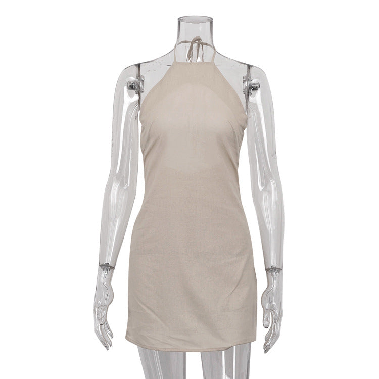 Backless Cotton Linen A-Line Dress with Halter Neck