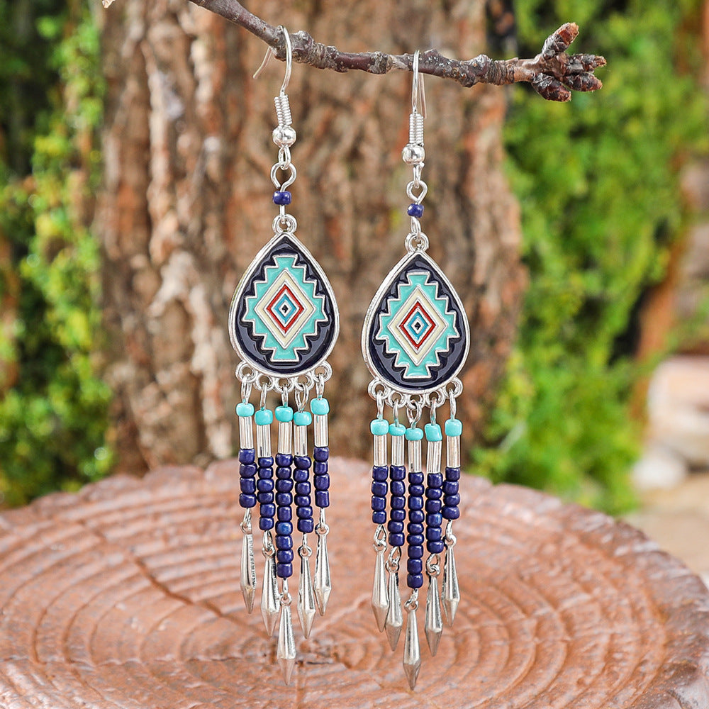 Bohemian Vintage Leaf Shaped Beaded Tassel Earrings with Turquoise