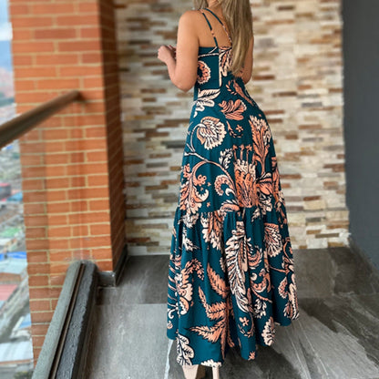 Temperament  Floral Print Sexy Openwork Ruffle Skirt Slip Dress