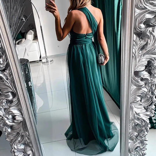 Elegant Green Maxi Dress Sleeveless V-Neck Evening Gown