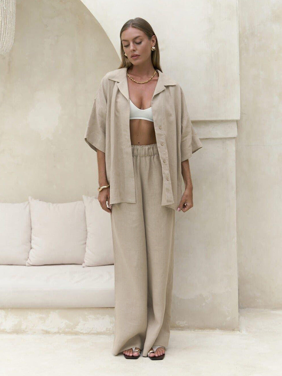 Casual Cotton Short Sleeve Shirt and Long Pants Set