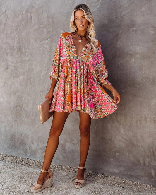 Sexy V-Neck Waist Printed Bohemian Dress