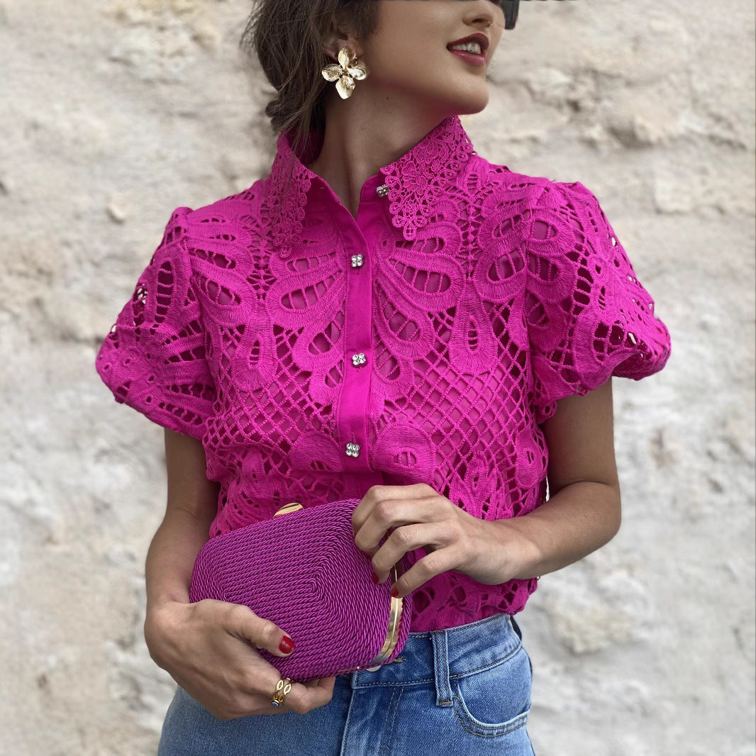 Lace Trim Cardigan Blouse with Puff Sleeves