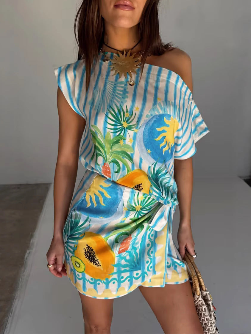 Linen Off-Shoulder Bodycon Dress Set with Tie Detail