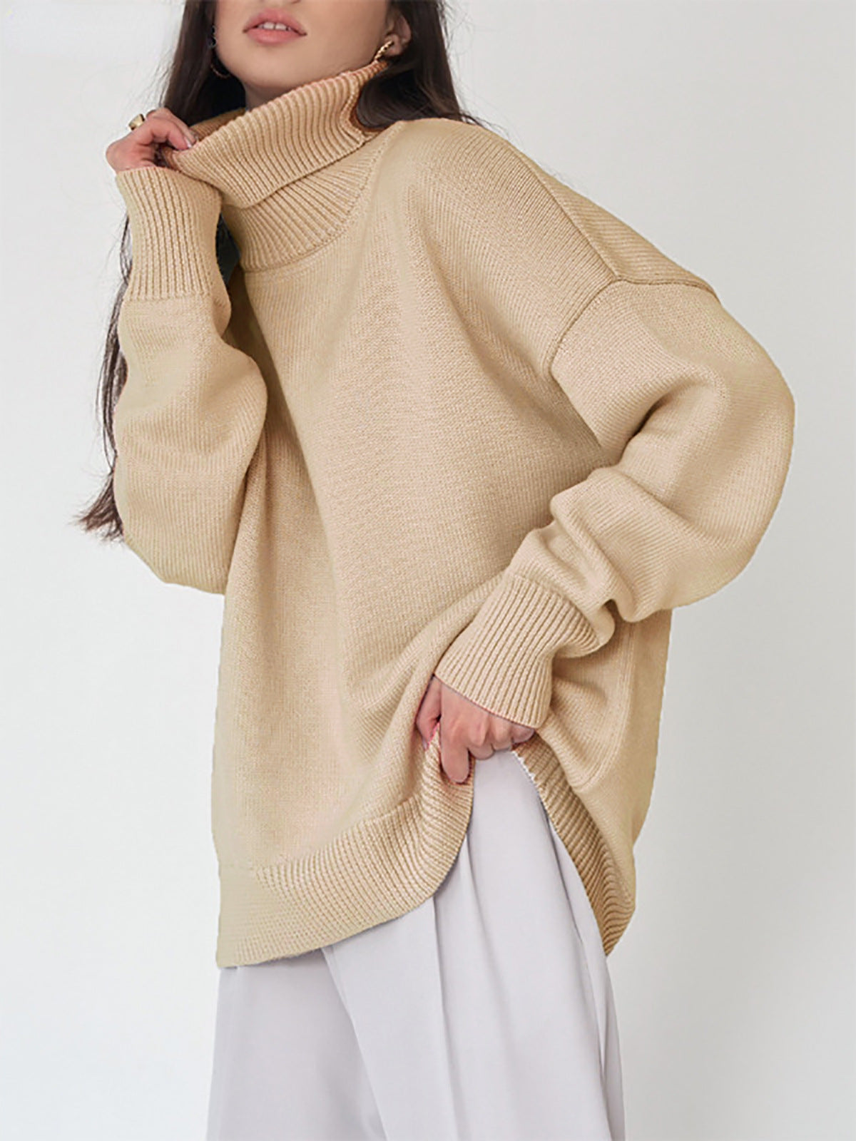 High Neck Knitted Sweater for Women Classic Solid Color Casual Pullover