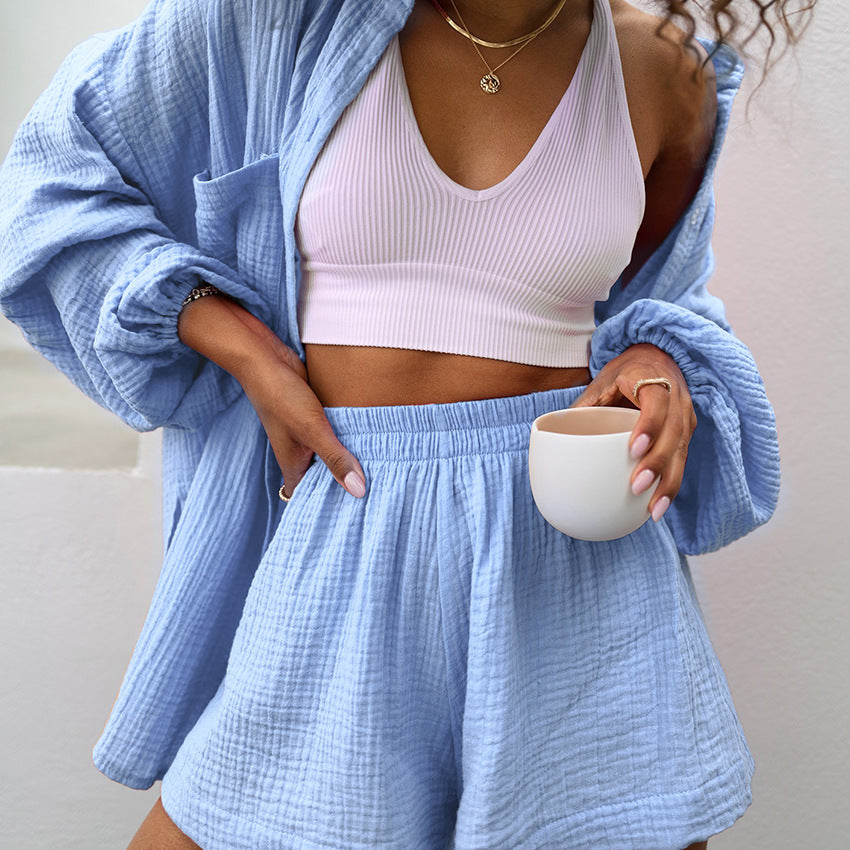 2 Pcs Casual Cardigan Shorts Lounge Pajamas Set