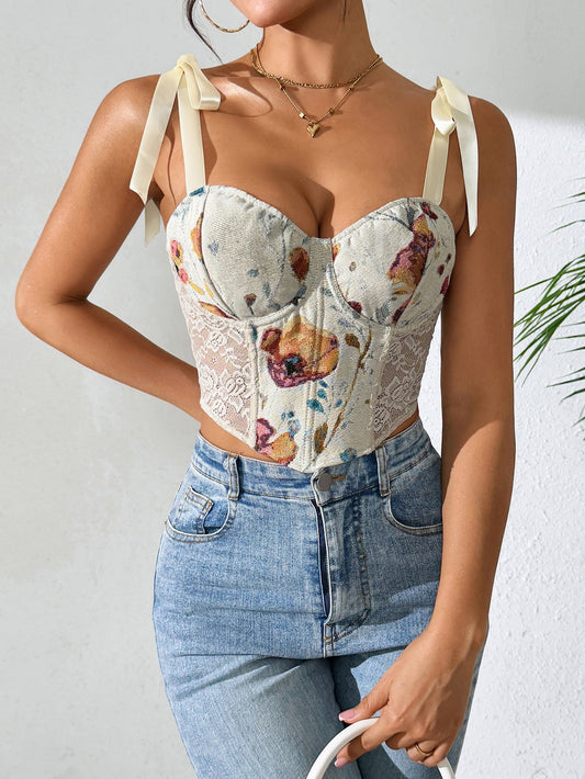 Sexy Floral Print Corset Crop Top With Adjustable Straps