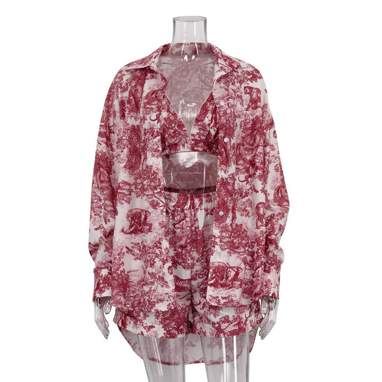 Vintage Ink Blossom Shirt and Shorts Set for Women