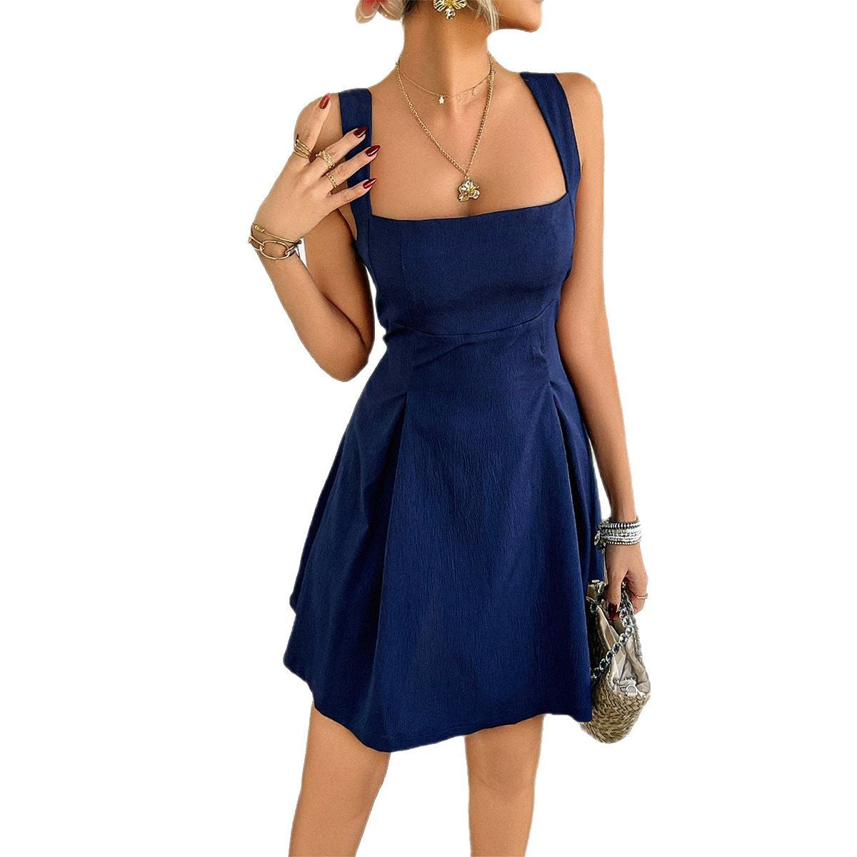 Elegant Solid Color A-Line Dress Sleeveless Polyester Mini Dress