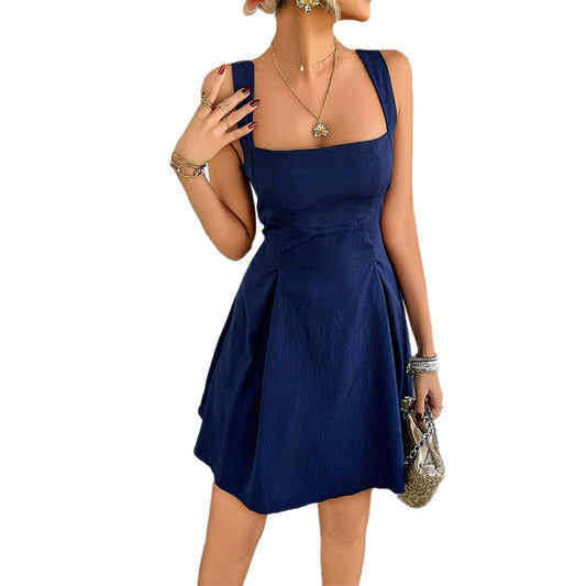 Elegant Solid Color A-Line Dress Sleeveless Polyester Mini Dress