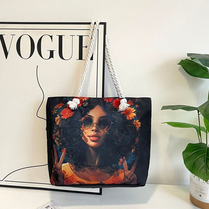 Classic Outdoor Canvas Tote Bag with Cartoon Print