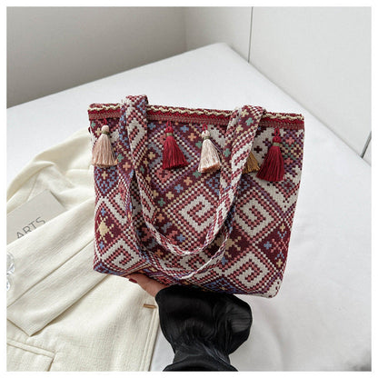 Ethnic Style Canvas Tote Bag for Women Casual Shoulder Bag