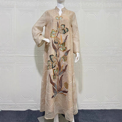 Embroidered Mesh Maxi Dress Elegant Muslim Abaya