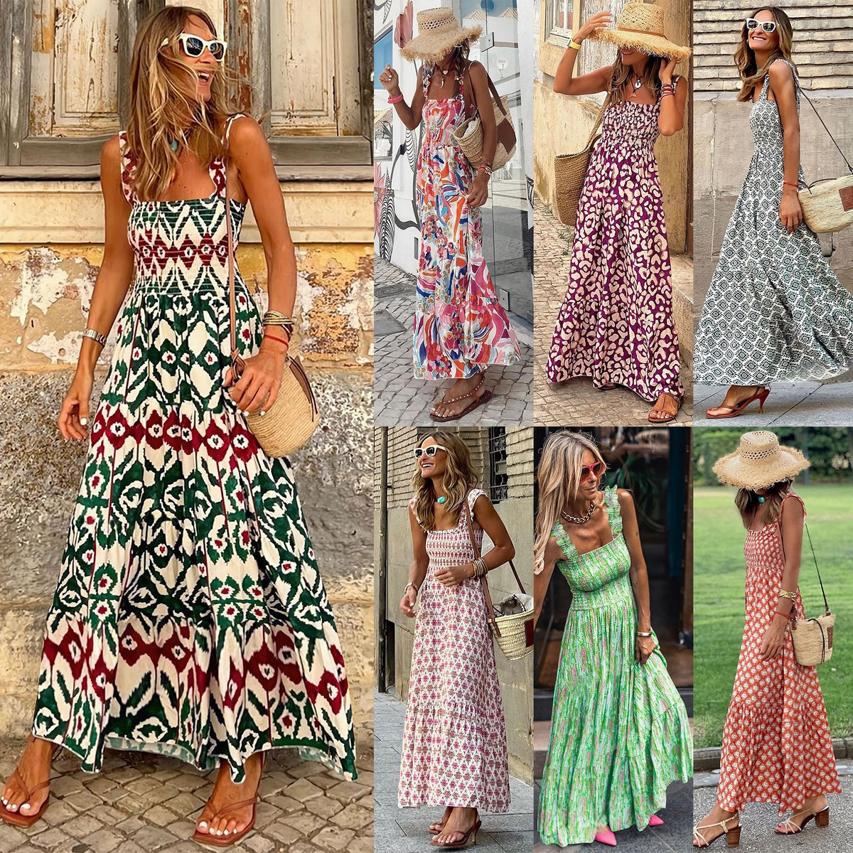 Summer Women'S Elegant Print Elastic Strap Skirt Holiday Style French Fragmented Flower Hanging Strap Long Dress