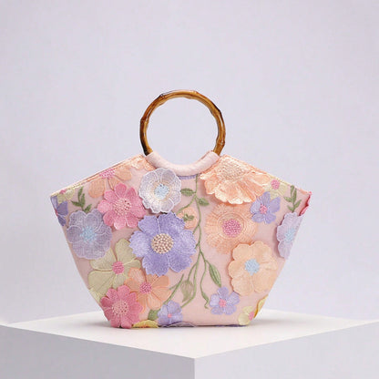 Elegant Floral Sequin Tote Bag With Bamboo Handle