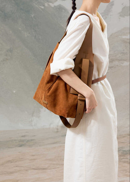 Suede Leather Bucket Tote Bag Brown Green