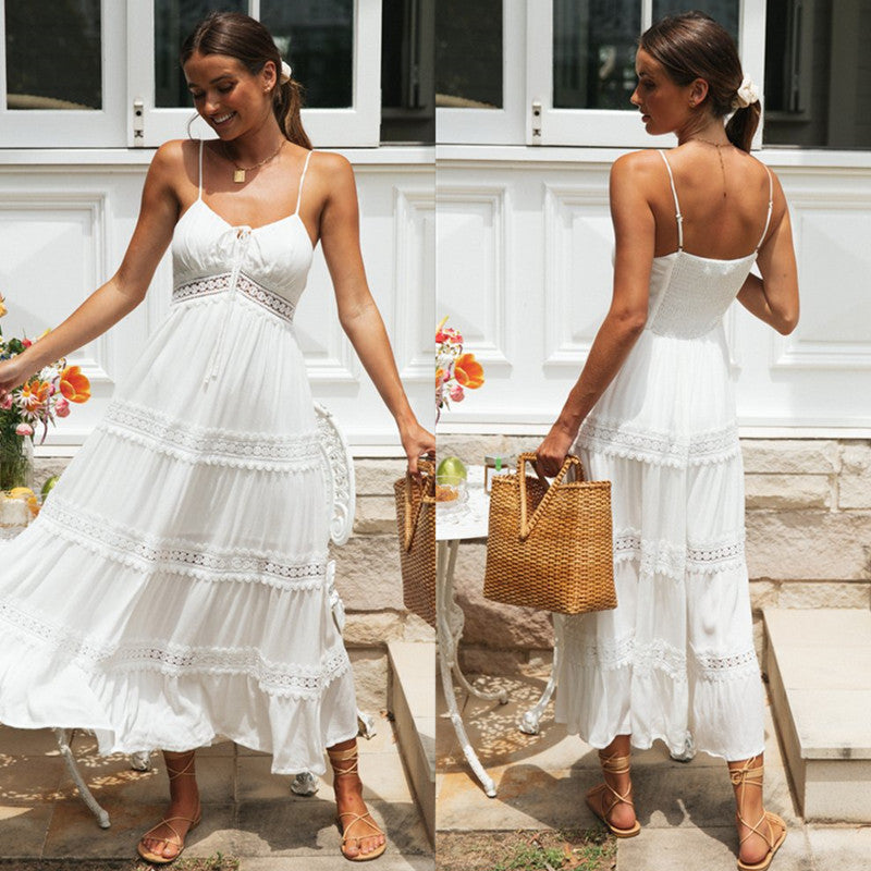 Women'S Bohemian Suspender Dress With Lace Panels For Large Dress