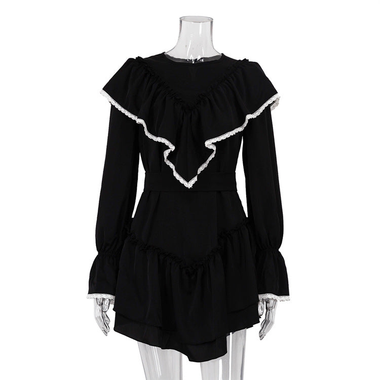Elegant Black Ruffle Hem A-Line Dress with Bell Sleeves