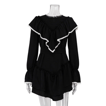 Elegant Black Ruffle Hem A-Line Dress with Bell Sleeves