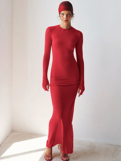 Elegant Red Long Sleeve Bodycon Dress with Twist Detail