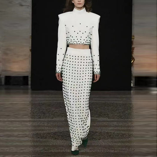 Trendy Pearl Beaded Short Sleeve Top & Long Skirt Set