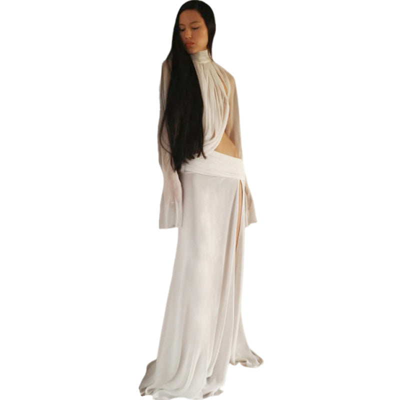 Sexy Sheer High Neck Flared Sleeve Top And Split Maxi Skirt Set