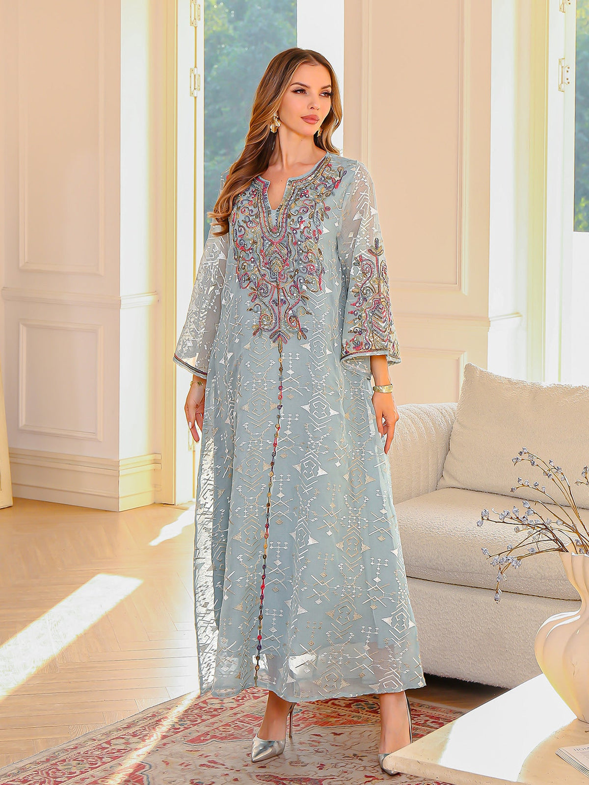 Embroidered Muslim Maxi Dress Elegant Abaya for Ladies