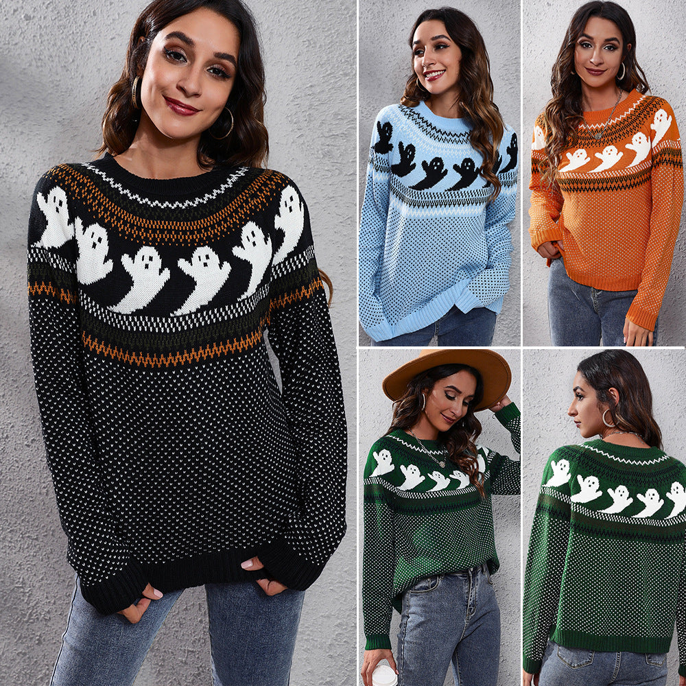 Halloween Ghost Vintage Polka Dot Long Sleeve Knitted Sweater Women'S Loose Wear