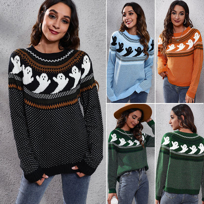 Halloween Ghost Vintage Polka Dot Long Sleeve Knitted Sweater Women'S Loose Wear