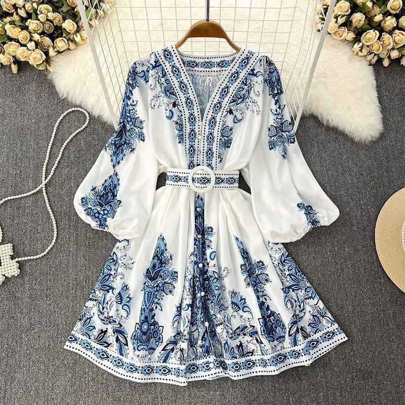 Fall New Women'S Fashion V-Neck Long Sleeve Bohemian Print Dress