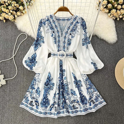 Fall New Women'S Fashion V-Neck Long Sleeve Bohemian Print Dress
