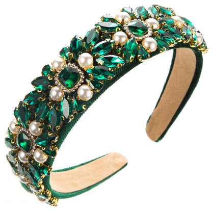 Baroque Velvet Wide Headband With Pearls and Rhinestones