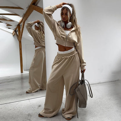Crop Hooded Jacket And High-Waisted Wide-Leg Pants Set