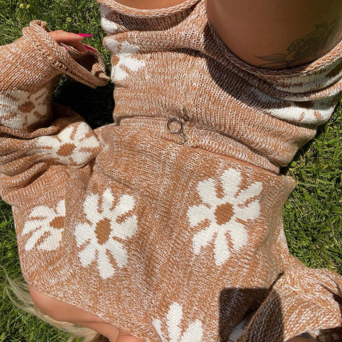 Women'S Fashion Casual Colorful Flower Sweater Knit Suit